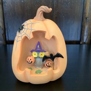 Lenox Orange Pumpkin Owl with Witch Hat and Bat Accents